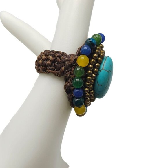 Multicolor Glass Beaded Blue Faux Turquoise Oval Ring Size 7 Handmade Vintage - Picture 2 of 4